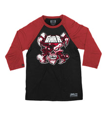 GWAR ‘CROSSBONES CROSSCHECK’ hockey raglan t-shirt in black with red sleeves front view
