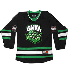 GWAR 'THE BONESNAPPER' deluxe hockey jersey in black, kelly green, and white front view