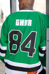 GWAR 'THE BONESNAPPER' deluxe hockey jersey in kelly green, white, and black back view on model