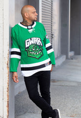 GWAR 'THE BONESNAPPER' deluxe hockey jersey in kelly green, white, and black front view on model