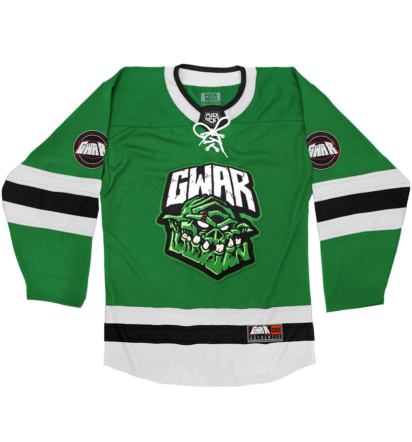GWAR 'THE BONESNAPPER' deluxe hockey jersey in kelly green, white, and black front view