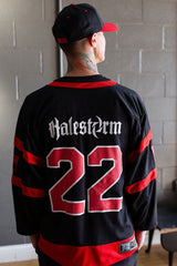 HALESTORM ‘BACK FROM THE DEAD’ hockey jersey in black and red back view on model