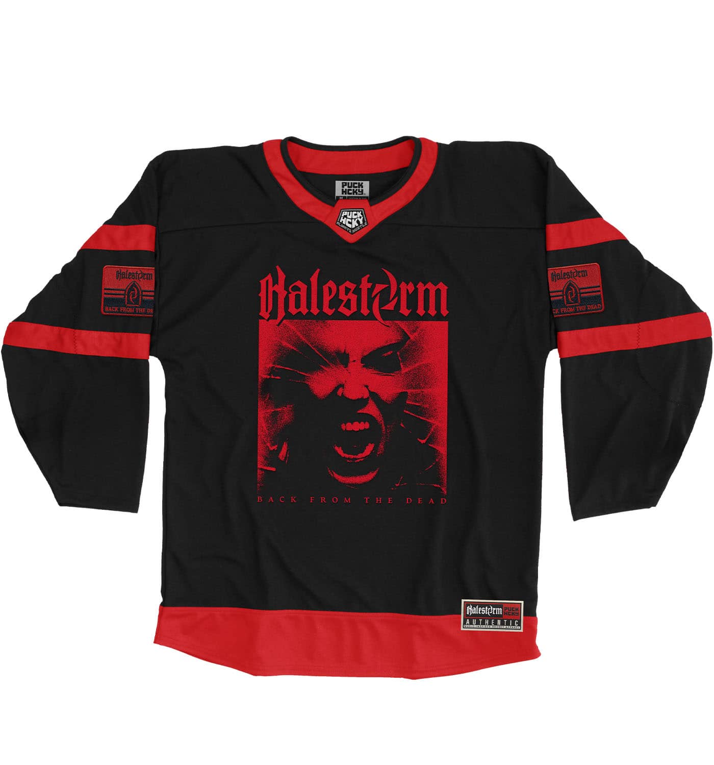 HALESTORM ‘BACK FROM THE DEAD’ hockey jersey in black and red front view