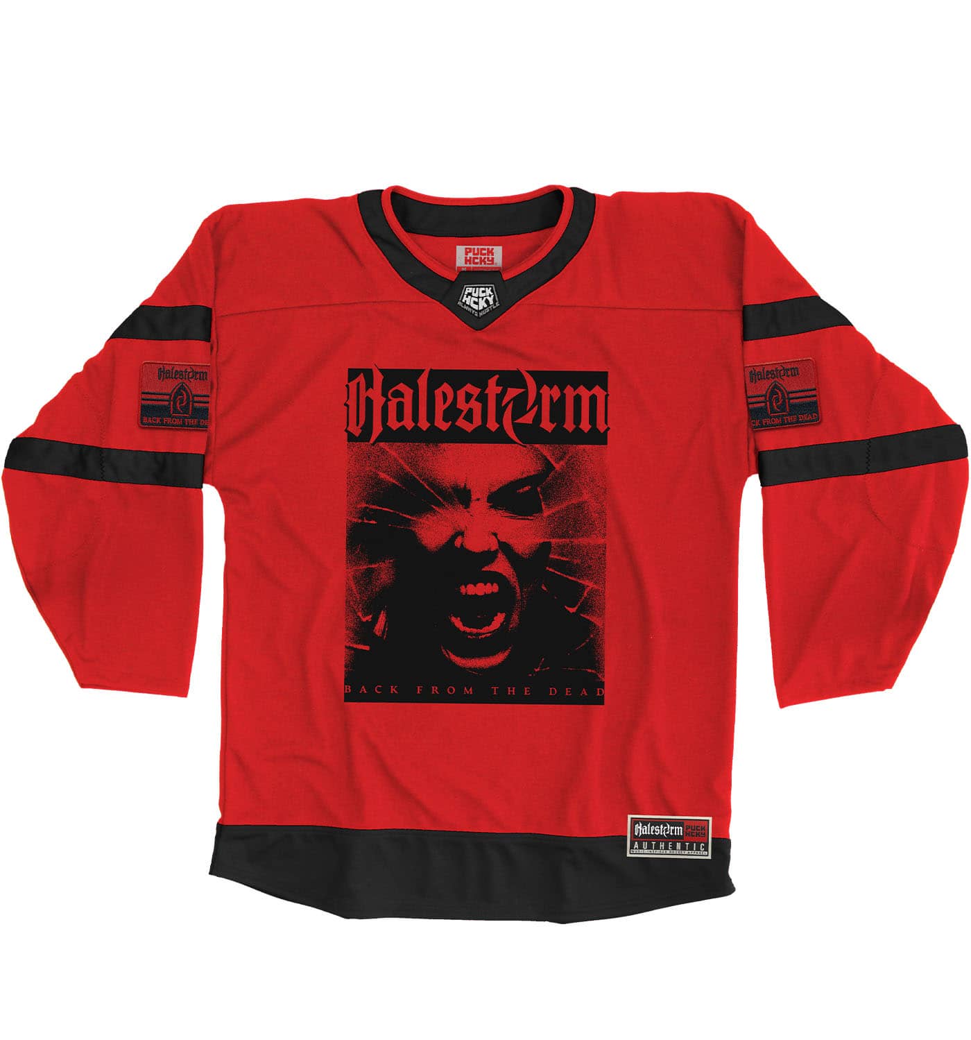 HALESTORM ‘BACK FROM THE DEAD’ hockey jersey in red and black front view