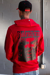 HALESTORM 'BACK FROM THE DEAD' laced pullover hockey hoodie in red with red and black laces back view on model