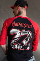 HALESTORM 'WICKED WAYS' hockey raglan t-shirt in black with red sleeves back view on model