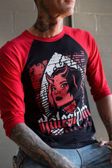 HALESTORM 'WICKED WAYS' hockey raglan t-shirt in black with red sleeves front view on model