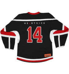 HEARTSICK 'THE SNAKE AND THE ROSE' hockey jersey in black, white, and red back view
