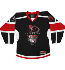 HEARTSICK 'THE SNAKE AND THE ROSE' hockey jersey in black, white, and red front view