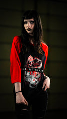 HEARTSICK ‘THE SNAKE AND THE ROSE’ hockey raglan t-shirt in black with red sleeves front view on female model