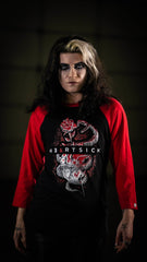 HEARTSICK ‘THE SNAKE AND THE ROSE’ hockey raglan t-shirt in black with red sleeves front view on male model