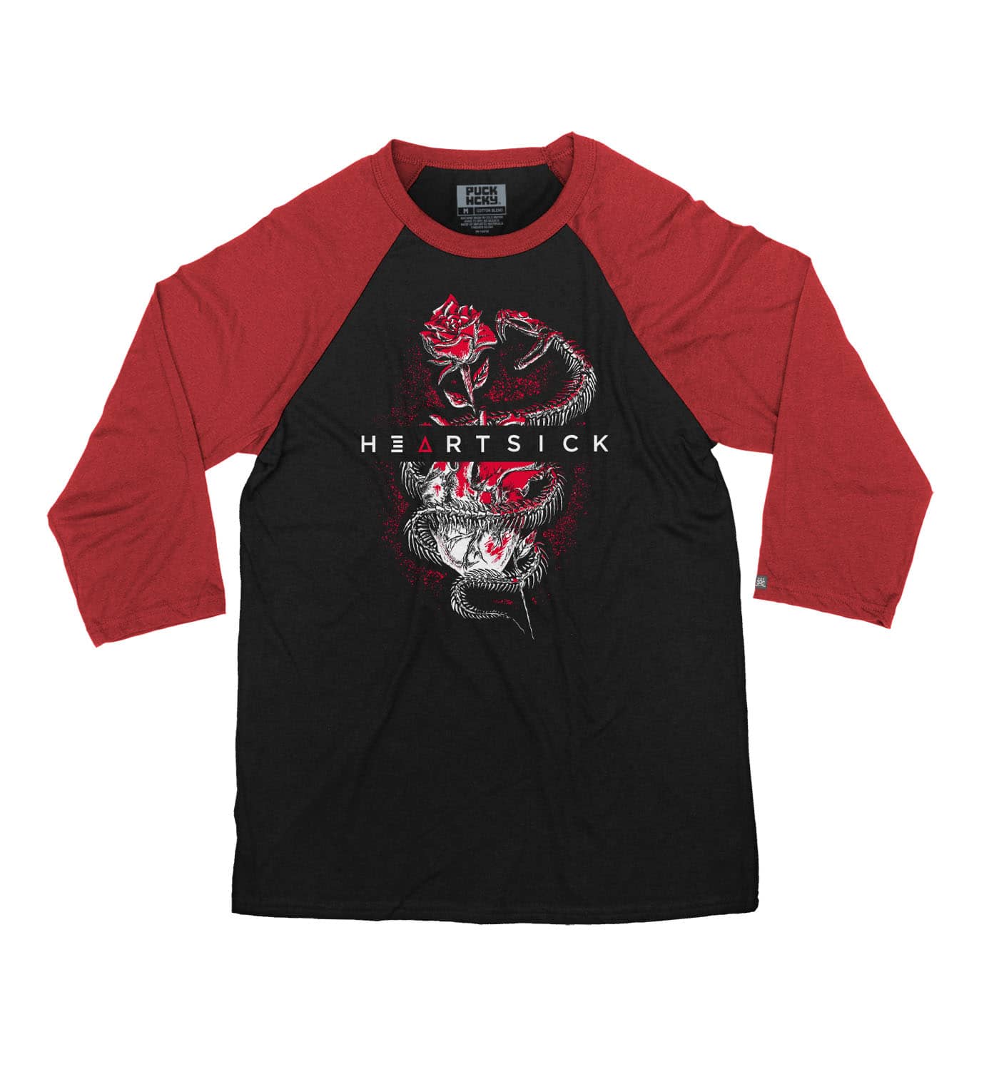 HEARTSICK ‘THE SNAKE AND THE ROSE’ hockey raglan t-shirt in black with red sleeves front view