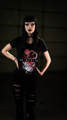 HEARTSICK ‘THE SNAKE AND THE ROSE’ women's short sleeve hockey t-shirt in black front view on model
