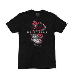 HEARTSICK ‘THE SNAKE AND THE ROSE’ short sleeve hockey t-shirt in black front view