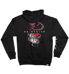 HEARTSICK ‘THE SNAKE AND THE ROSE’ full zip hockey hoodie in black back view