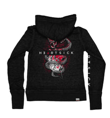 HEARTSICK ‘THE SNAKE AND THE ROSE’  women's full zip hockey hoodie in acid black back view