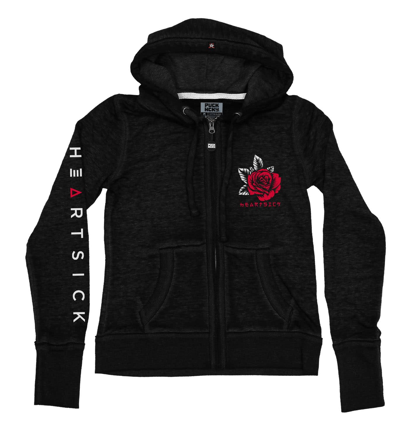 HEARTSICK ‘THE SNAKE AND THE ROSE’  women's full zip hockey hoodie in acid black front view