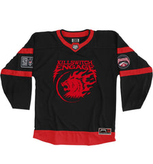 KILLSWITCH ENGAGE 'SKATE BY DESIGN' limited edition autographed hockey jersey in black and red front view