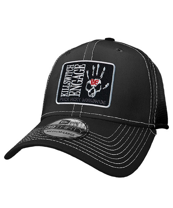 KILLSWITCH ENGAGE ‘TAKE THIS OATH’ stretch mesh contrast stitch hockey cap in black with white stitching front view