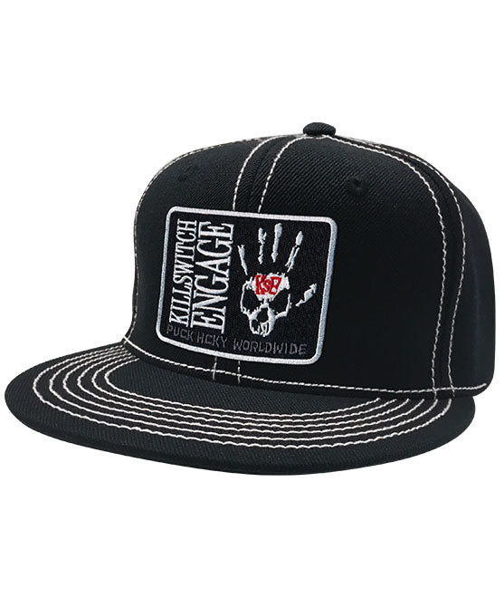 KILLSWITCH ENGAGE ‘TAKE THIS OATH’ contrast stitch snapback hockey cap in black with white stitching front view
