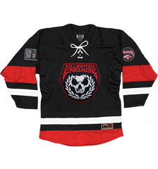 KILLSWITCH ENGAGE 'UNLEASHED' limited edition autographed deluxe hockey jersey in black, white, and red front view