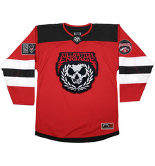 KILLSWITCH ENGAGE 'UNLEASHED' limited edition autographed deluxe hockey jersey in red, black, and white front view