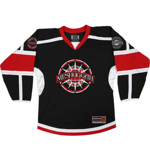 MESHUGGAH 'CHAOSPHERE 2.0' hockey jersey in black, white, and red front view