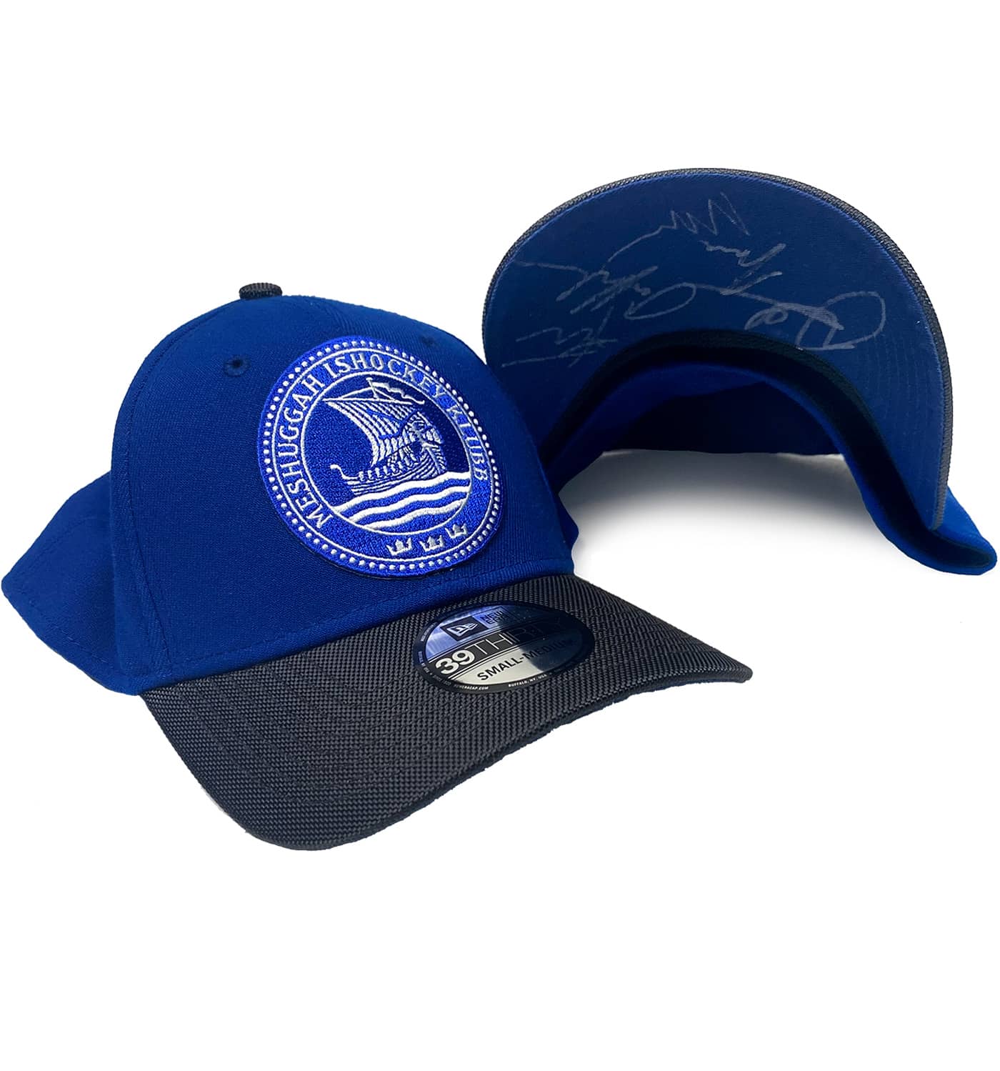 MESHUGGAH 'ISHOCKEY' limited edition autographed stretch fit hockey cap in royal with charcoal brim