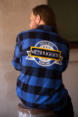 MESHUGGAH 'KNÖVELMETAL' hockey flannel in blue plaid back view on model