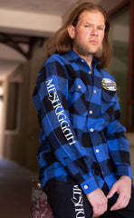 MESHUGGAH 'KNÖVELMETAL' hockey flannel in blue plaid front view on model