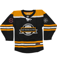 MESHUGGAH 'KNÖVELMETAL' hockey jersey in black, gold, and white front view