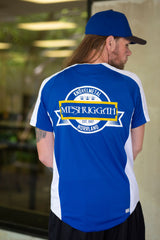 MESHUGGAH 'KNÖVELMETAL' short sleeve spring league jersey in royal blue and white back view on model