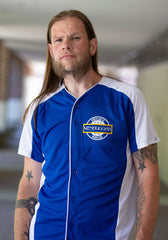 MESHUGGAH 'KNÖVELMETAL' short sleeve spring league jersey in royal blue and white front view on model