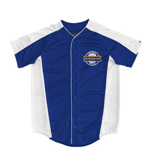 Meshuggah 'Knovelmetal' short sleeve spring league jersey in royal blue and white front view
