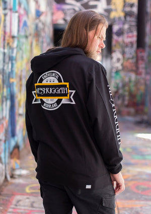Meshuggah 'Knovelmetal' full zip hockey hoodie in black back view on model