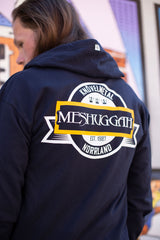 MESHUGGAH 'KNÖVELMETAL' full zip hockey hoodie in navy back view on model