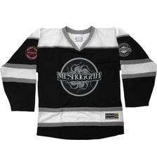 MESHUGGAH 'THIS SPITEFUL SKATE' limited edition autographed hockey jersey in black, white back view, and grey front view