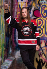 MESHUGGAH 'THIS SPITEFUL SKATE' hockey jersey in black, red, and white front view on model