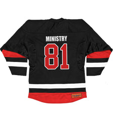 MINISTRY 'PENTA-PUCK' hockey jersey in black, red, and white back view