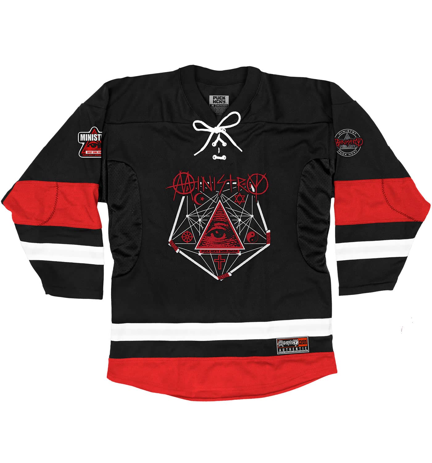 MINISTRY 'PENTA-PUCK' hockey jersey in black, red, and white front view