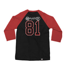 MINISTRY 'UNCLE AL WINDY CITY' hockey raglan t-shirt in black with red sleeves back view