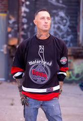 MOTÖRHEAD 'ACE OF SPADES' deluxe hockey jersey in black, white, and red front view on model