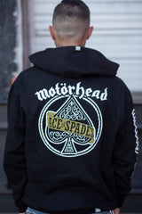 MOTÖRHEAD 'ACE OF SPADES' pullover hockey hoodie in black with gold laces and white laces with black stripes back view on model