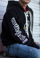 MOTÖRHEAD 'ACE OF SPADES' pullover hockey hoodie in black with gold laces and white laces with black stripes front view on model
