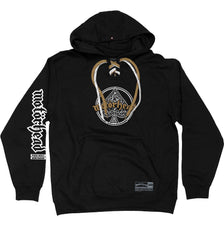 MOTÖRHEAD 'ACE OF SPADES' pullover hockey hoodie in black with gold laces and white laces with black stripes front view