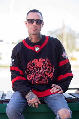 Motorhead 'Eagle'  hockey jersey in black and red front view on model