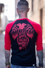 MOTÖRHEAD 'EAGLE' hockey raglan t-shirt in black with red sleeves back view on model