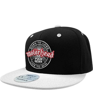 Motorhead 'OFFICIAL PUCK' flat bill snapback hockey cap in black with a white bill