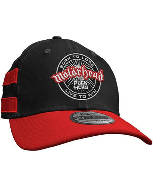 Motorhead 'OFFICIAL PUCK' stretch fit hockey cap in black with red brim and stripes