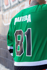 PANTERA 'A NEW LEVEL' deluxe hockey jersey in kelly, white, and black back view on model